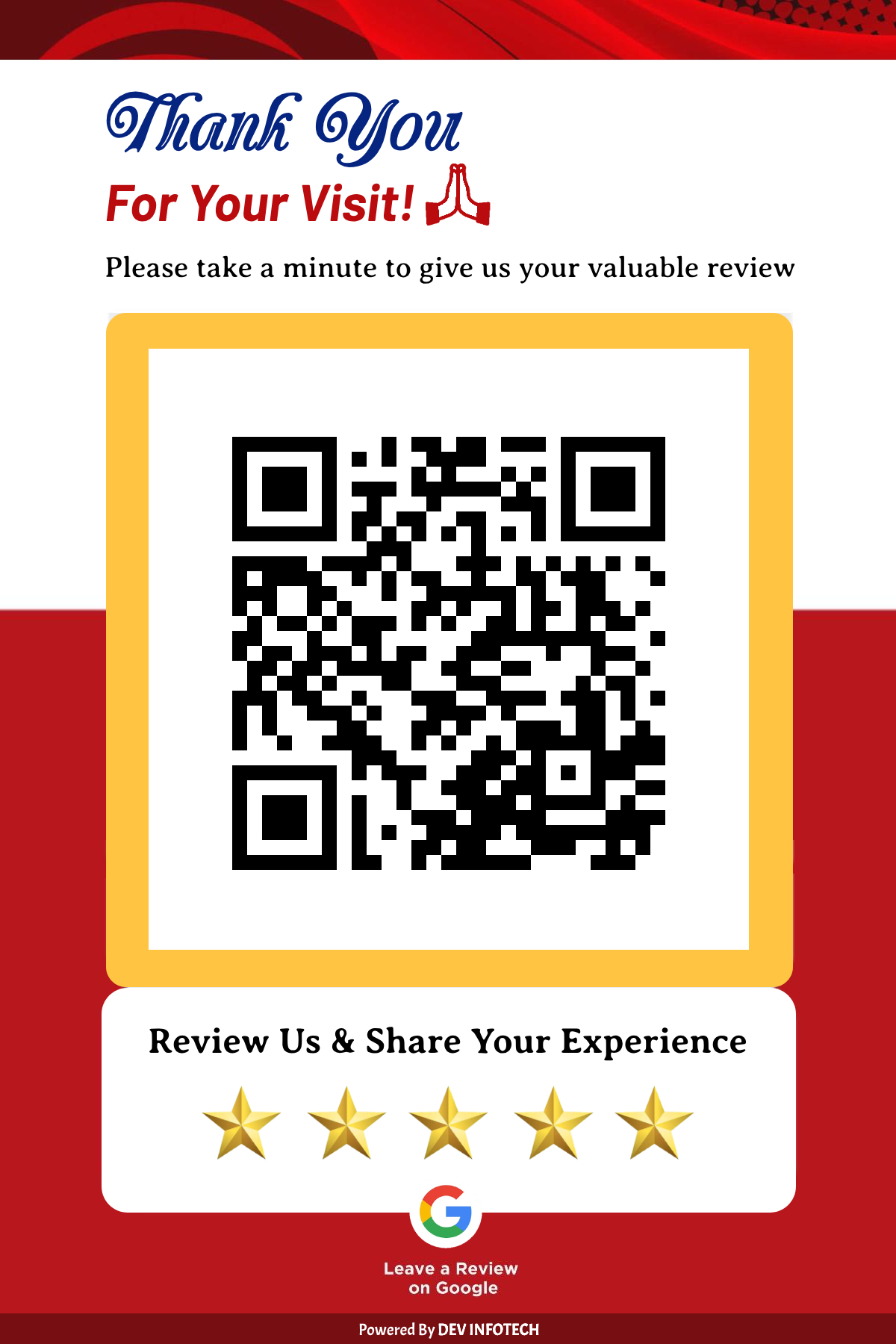 Upon purchase, ask your customer to scan the QR code and give feedback.